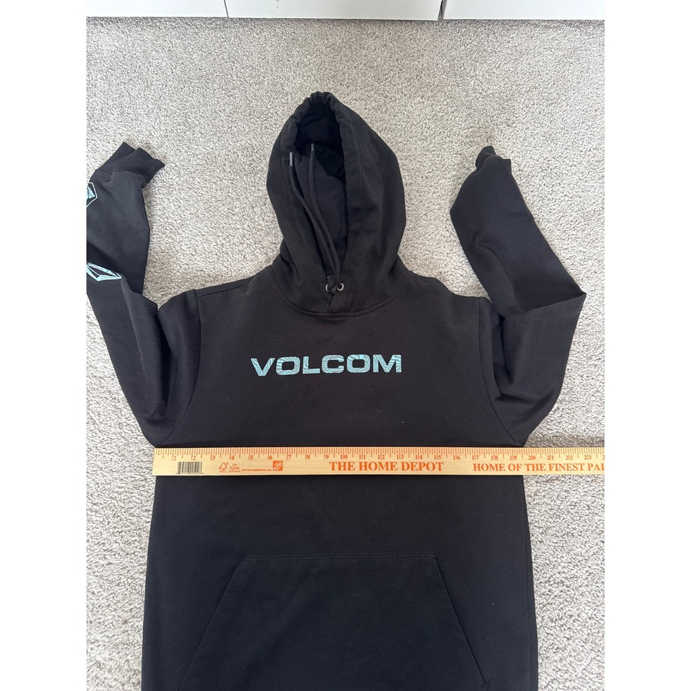 Volcom Mens Small Black Teal Logo Graphic Sleeve Pullover Hoodie Sweatshirt - Picture 5 of 7